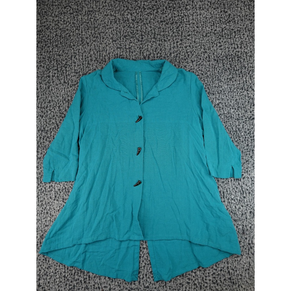 Fridaze Linen Tunic Womens Large Teal Blue High-Low Toggle Button 3/4 Sleeve